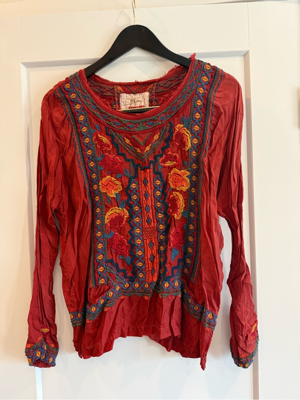 Johnny Was Embroidered Red Boho Long-Sleeve Top